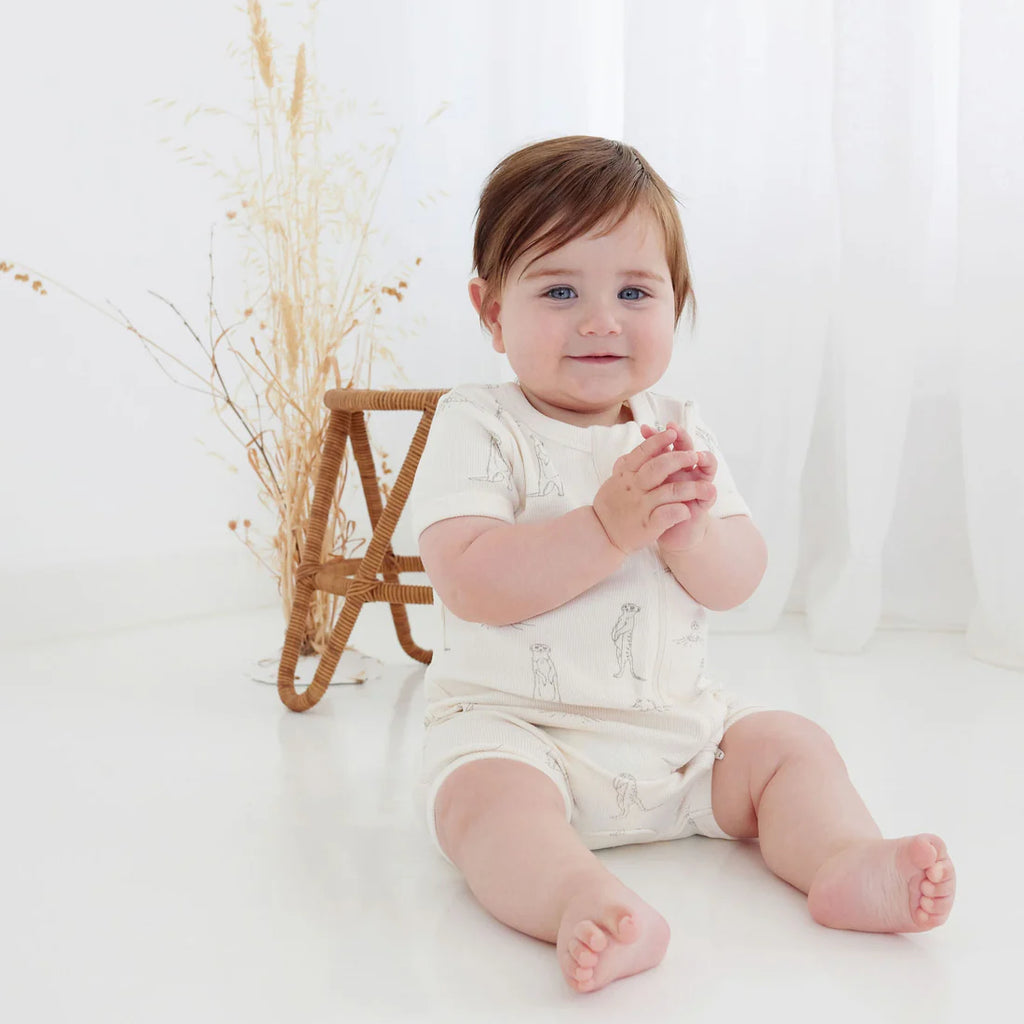 Aster & Oak Meerkat Rib Zip Romper - Natural