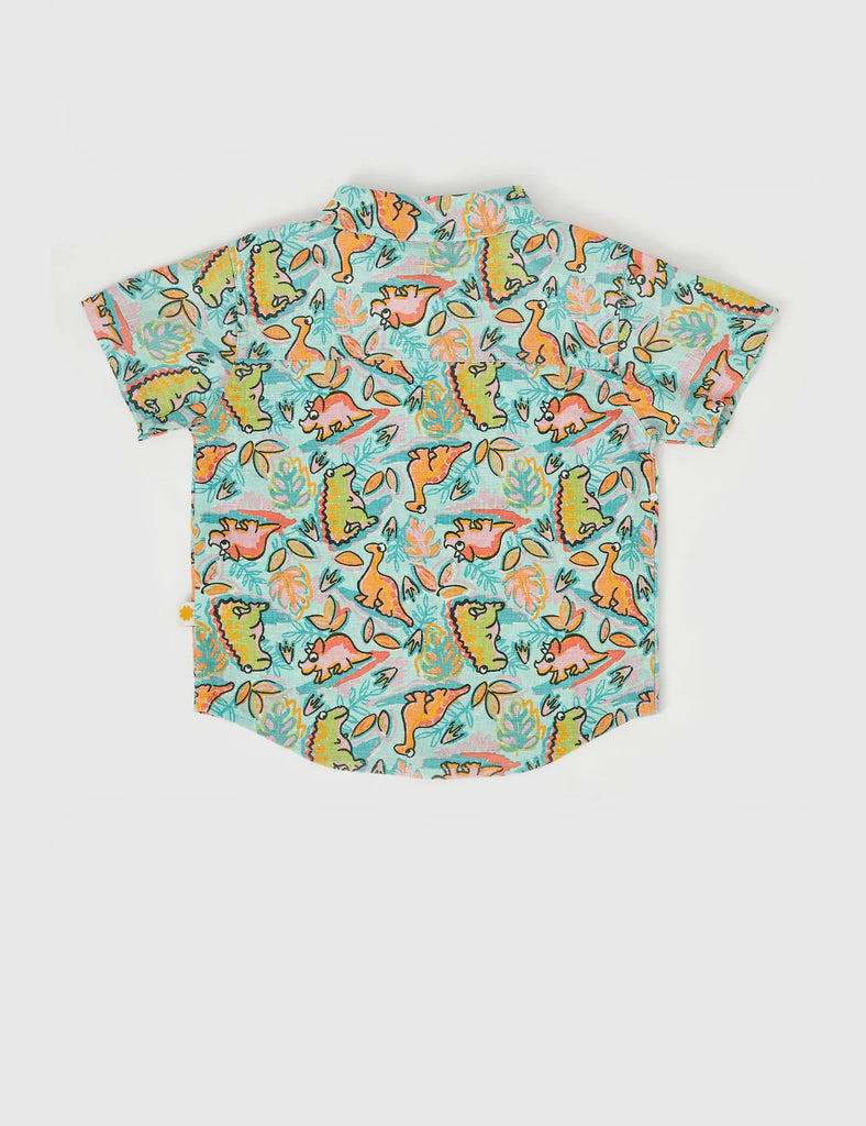 Goldie + Ace Holiday Linen Shirt Dino Jungle - Sea Foam