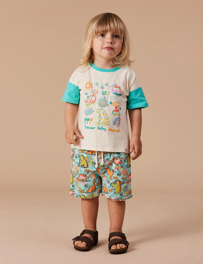 Goldie + Ace Dinosaur Valley Puff Print T-Shirt - Vanilla/Turquoise