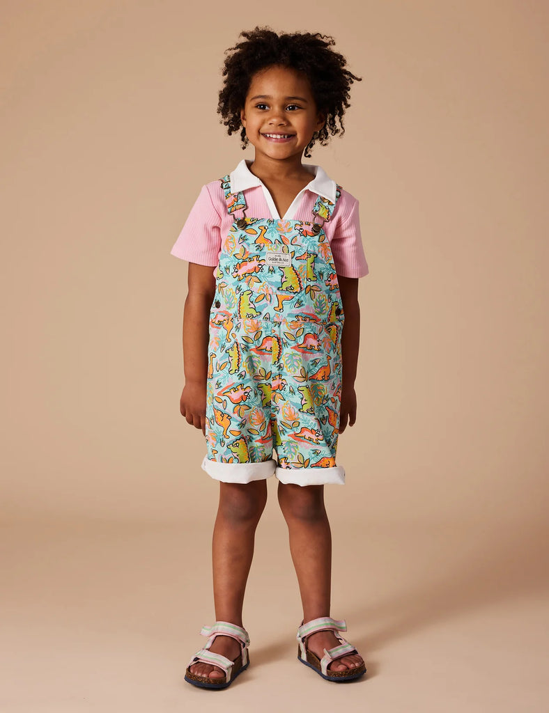 Goldie + Ace Burton Dino Jungle Denim Overalls - Sea Foam