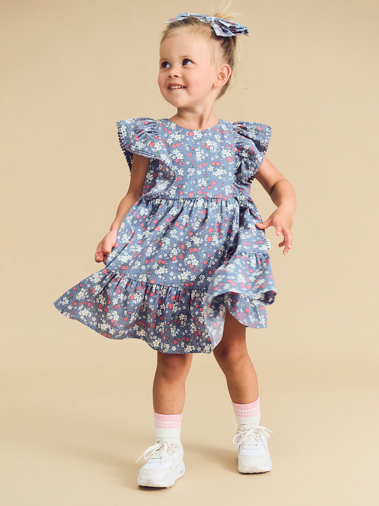 Huxbaby Vintage Strawberry Frill Dress - Dusty Blue