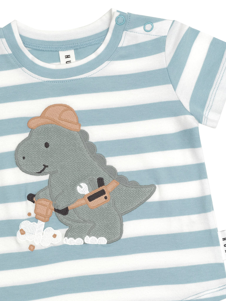 Huxbaby Construction Dino Stripe T-Shirt - Marine Blue/Almond Milk