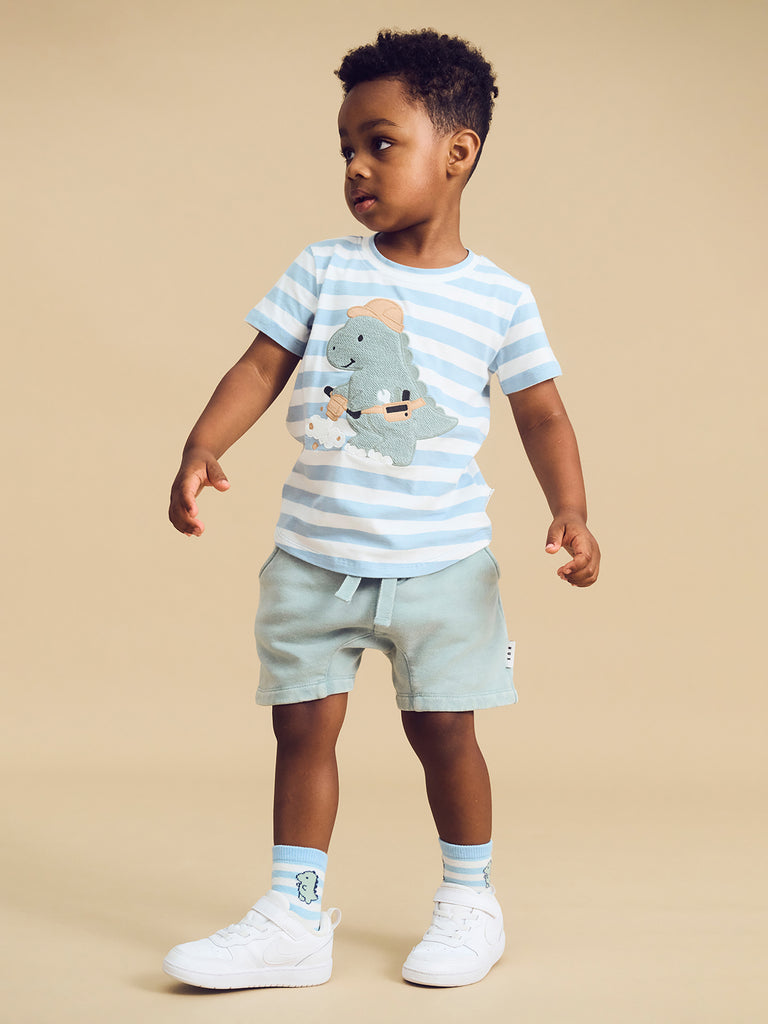 Huxbaby Construction Dino Stripe T-Shirt - Marine Blue/Almond Milk