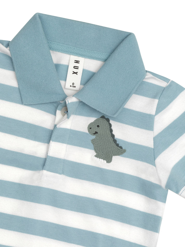 Huxbaby T-Rex Stripe Polo T-Shirt - Marine Blue/Almond Milk