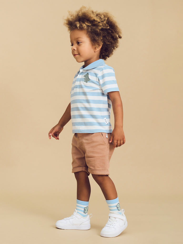 Huxbaby T-Rex Stripe Polo T-Shirt - Marine Blue/Almond Milk