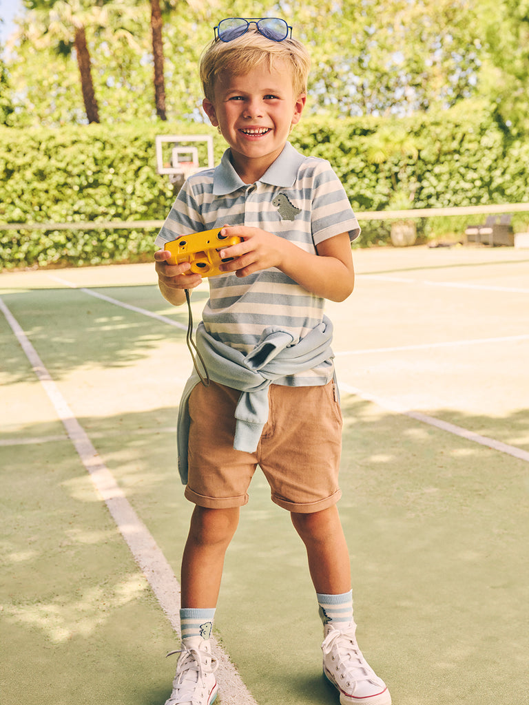 Huxbaby T-Rex Stripe Polo T-Shirt - Marine Blue/Almond Milk