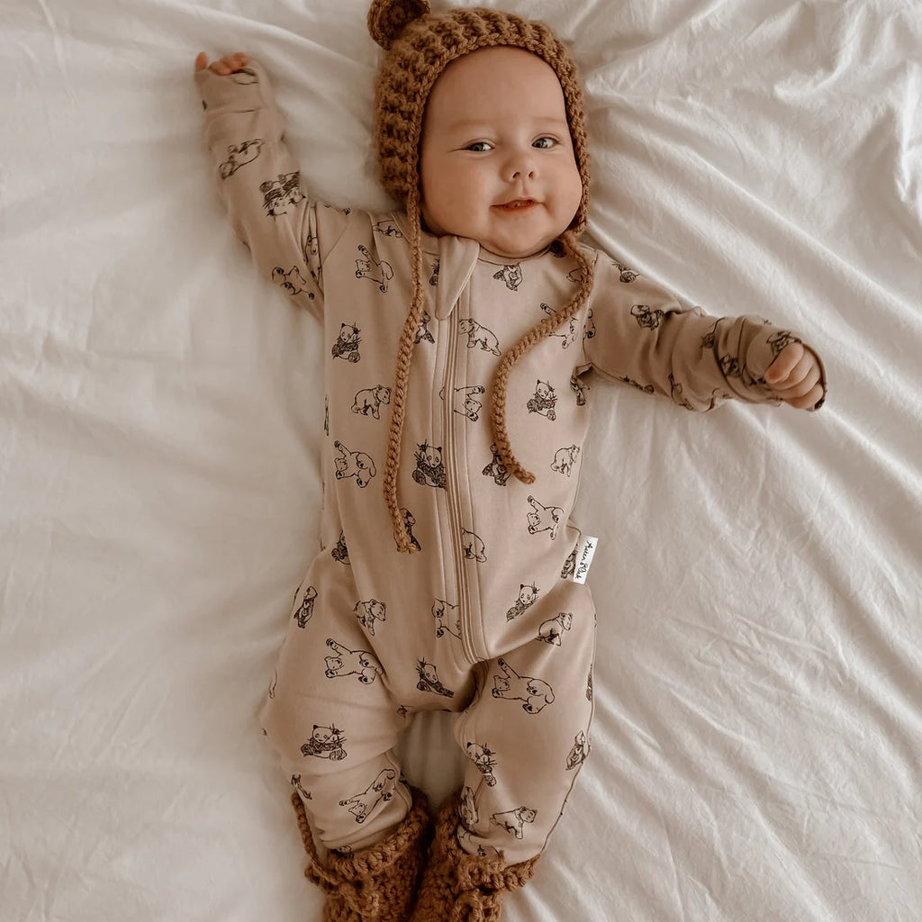 Aster & Oak Bear Zip Romper - Mushroom