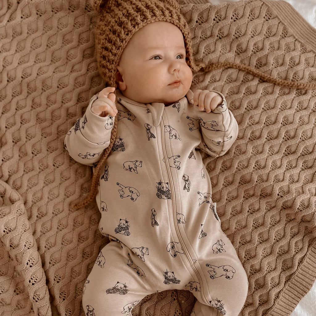 Aster & Oak Bear Zip Romper - Mushroom