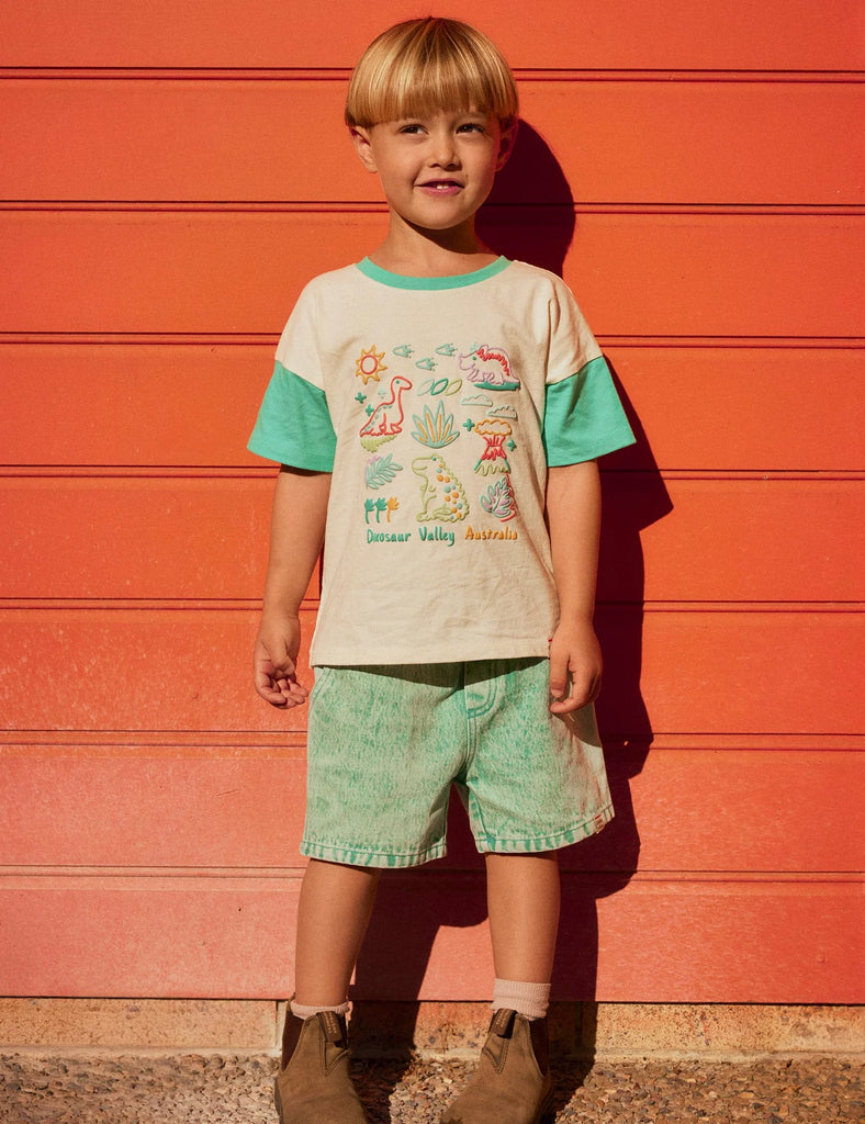 Goldie + Ace Dinosaur Valley Puff Print T-Shirt - Vanilla/Turquoise